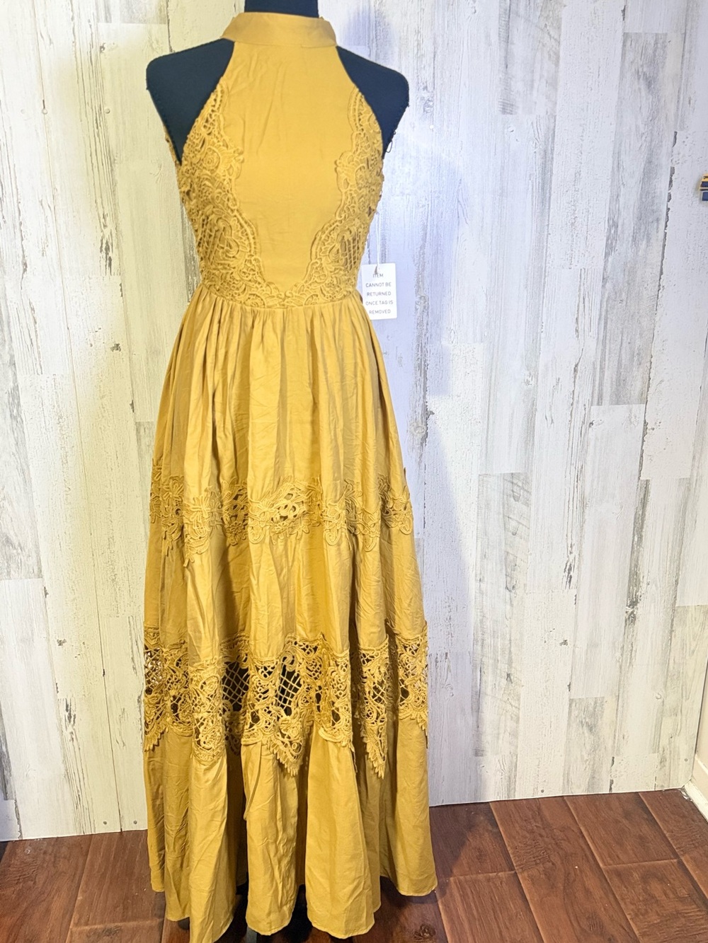 Joyfolie Mustard Yellow Lace Halter Maxi Dress Sz XXS NWT Open Back Boho - Picture 6 of 16